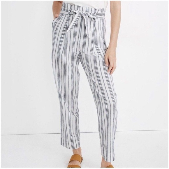 Madewell Pants - Madewell Women's Linen Cotton Blend Paperbag pants blue white belted size 12